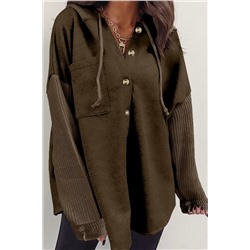 Dark Brown Button Up Contrast Knitted Sleeves Hooded Jacket