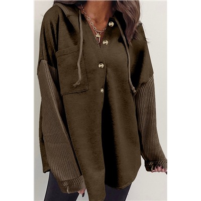Dark Brown Button Up Contrast Knitted Sleeves Hooded Jacket