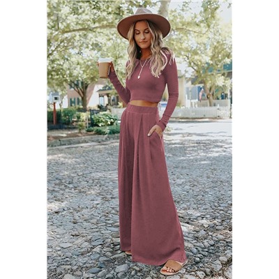 Solid Color Ribbed Crop Top Long Pants Set