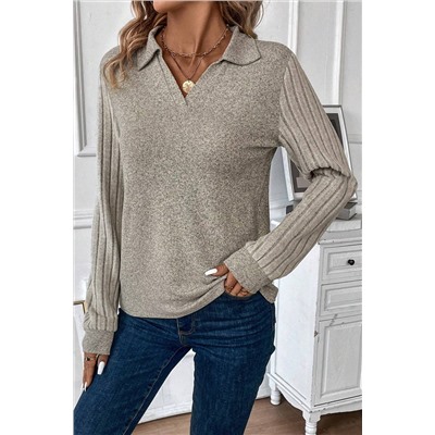 Smoke Gray Solid Color Ribbed Sleeve Collared V Neck Top