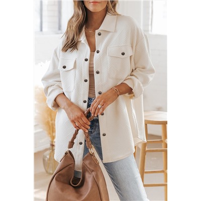 Beige Solid Textured Flap Pocket Buttoned Shacket