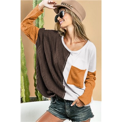 Brown Color Block Patchwork Chest Pocket Long Sleeve Top