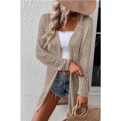 Smoke Gray Solid Color Pointelle Knit Open Front Cardigan