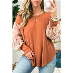 Gold Flame Floral Patchwork Puff Sleeve Filled Neck Blouse