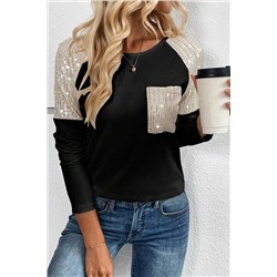 Black Sequin Patch Chest Pocket Raglan Sleeve Top