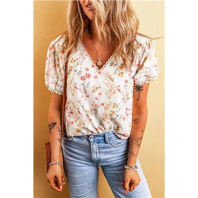 Beige Boho Floral Lace Trim Short Sleeve Blouse