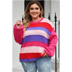 Pink Plus Size Striped Knit Pompom Puff Sleeve Sweater