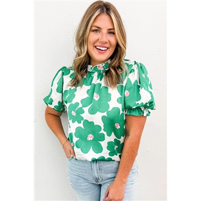 Green Floral Puff Sleeve Frill Neckline Blouse