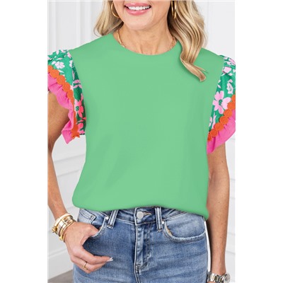 Light Green Contrast Ricrac Floral Sleeve Top