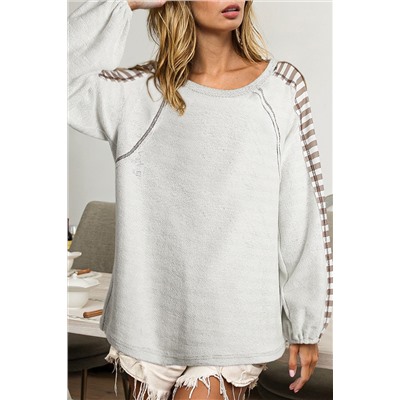 Multicolor Stripe Patched Exposed Stitching Long Sleeve Top