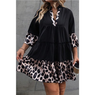 Black Leopard Patchwork Split Neck Ruffle Curvy Dress