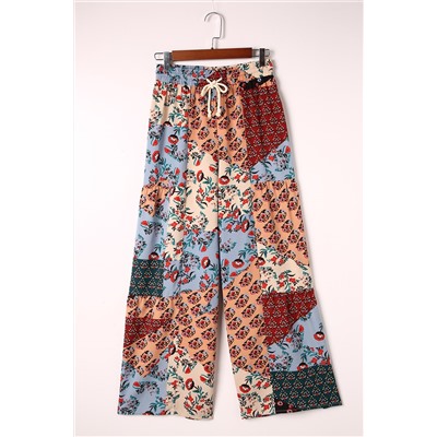 Multicolor Boho Patchwork Print Drawstring Wide Leg Pants