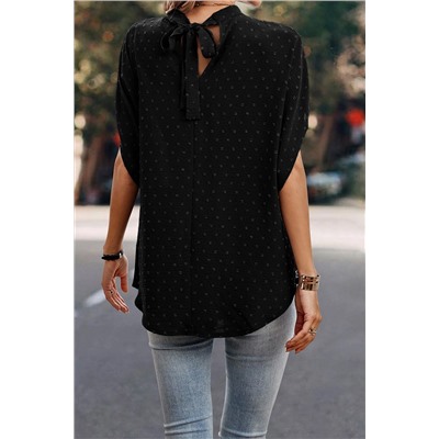 Black Swiss Dot Mock Neck Batwing Sleeve Blouse