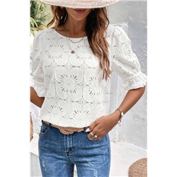 White Flower Eyelet Jacquard Keyhole Flounce Sleeve Top