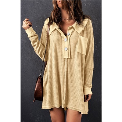 Apricot Waffle Knit Buttoned Long Sleeve Top