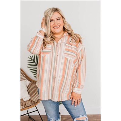 Orange Plus Size Striped Shirt with Chest Pockets