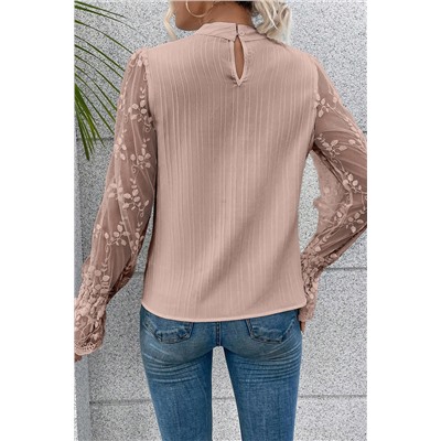 Apricot Pink Contrast Lace Sleeve Mock Neck Textured Blouse