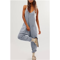 Gray Waffle Knit Spaghetti Straps Loose Fit Jumpsuit