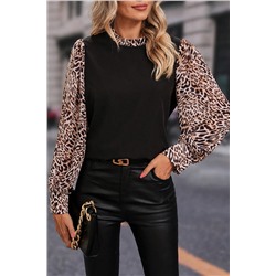 Black Contrast Leopard Print Lantern Sleeve Blouse