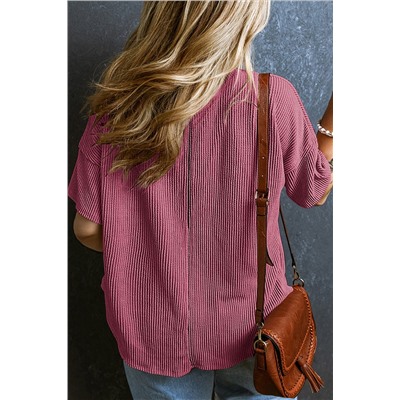 Rose Pink Textured V-Neck Dropped Shoulder Plus T-Shirt