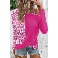 Rose Contrast Leopard Asymmetric Cold Shoulder Crossed Hem Top