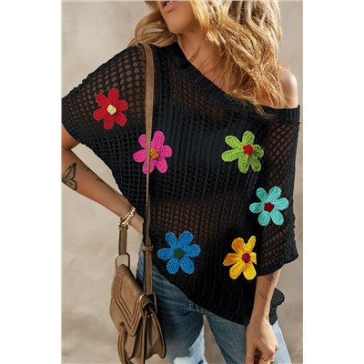 Black Crochet Flower Hollow-out Sweater T Shirt