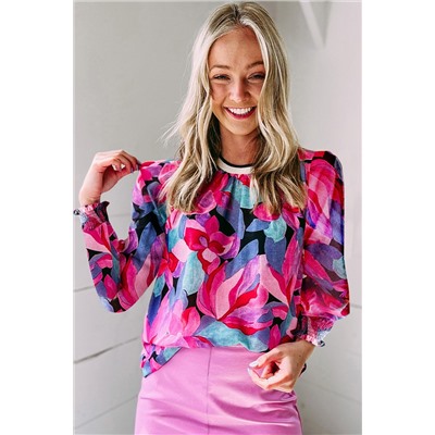 Multicolor Floral Print Ruched Sleeve Puff Sleeve Blouse