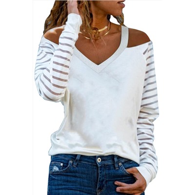 Mesh Striped Cut-out Cold Shoulder Long Sleeve T-shirt