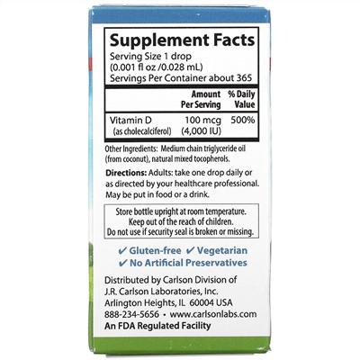 Carlson Labs, Super Daily D3, 100 mcg (4,000 IU), 0.35 fl oz (10.3 ml)