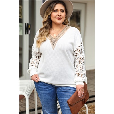 White Plus Contrast V Neck Lace Long Sleeve Top