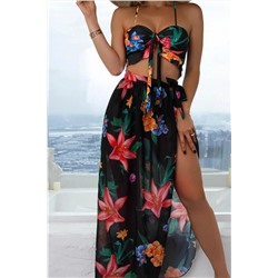 Black 3pcs Floral Twist Front Bikini with Cover-up Swimsuit