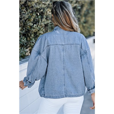 Sky Blue Roll-Up Tab Sleeve Button Down Pocket Denim Jacket