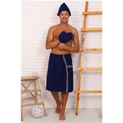 Набор мужской трехпредметный (килт, рукавичка, шапочка) для бани/сауны, 761-Темно-синий