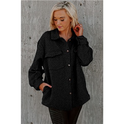 Black Retro Quilted Flap Pocket Button Shacket