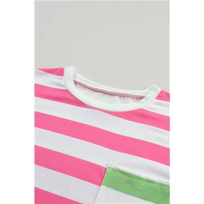 Pink Stripe Contrast Patch Pocket Drop Sleeve T Shirt