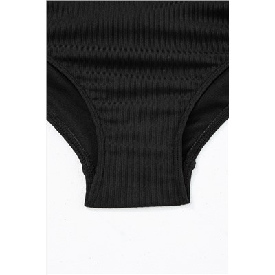 Black Ribbed Drawstring Sides Cutout One Piece Swimsuit