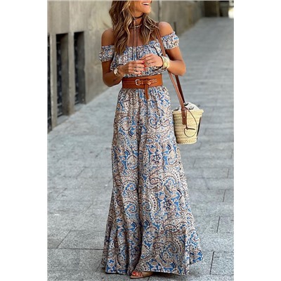 Blue Boho Paisley Print Off Shoulder Maxi Dress