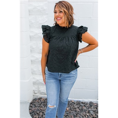 Black Hollowed Texture Ruffle Sleeve Blouse