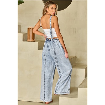 Beau Blue Light Wash Frayed Exposed Seam Wide Leg Denim Overall