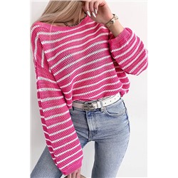 Розовый полосатый свитер с вырезом "лодочка"