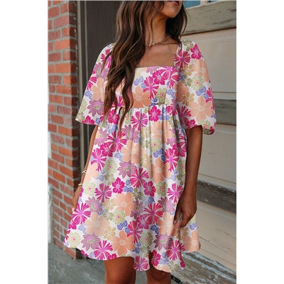 Rose Summer Floral Square Neck Puff Sleeve Babydoll Dress