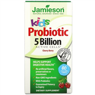 Jamieson Natural Sources, Kids, Probiotic, Cherry Berry, 5 Billion CFU Active Cells, 60 Chewable Tablets