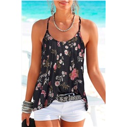 Black Floral Spaghetti Straps Strappy Back Tank Top