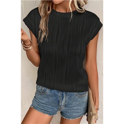 Black Wavy Texture Cap Sleeve Top