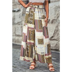 Yellow Boho Patchwork Print Drawstring Wide Leg Pants