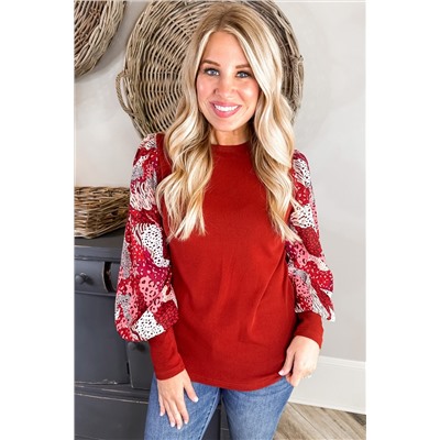 Fiery Red Contrast Mixed Animal Print Lantern Sleeve Patchwork Top