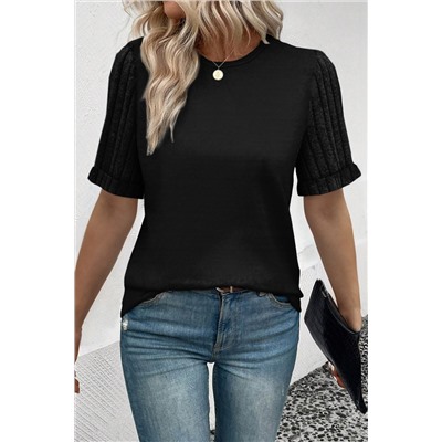 Black Ribbed Splicing Sleeve Round Neck T-shirt