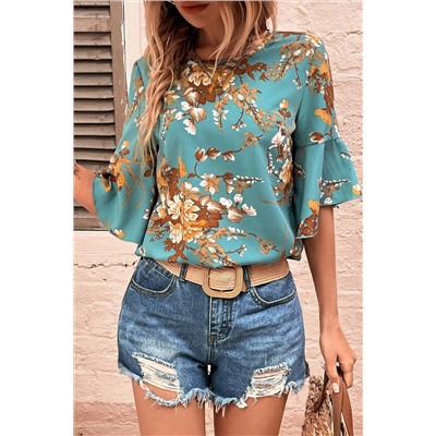 Mineral Blue Flare Sleeve Floral Blouse