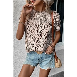 Khaki Leopard Shirred Round Neck Puff Sleeve Blouse