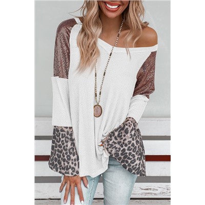 White Sequin Patchwork Bell Sleeve V Neck Tunic Top